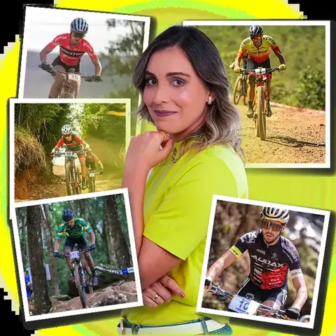 Maria Joana, nutricionista esportiva de MTB, ao lado de ciclistas em prova